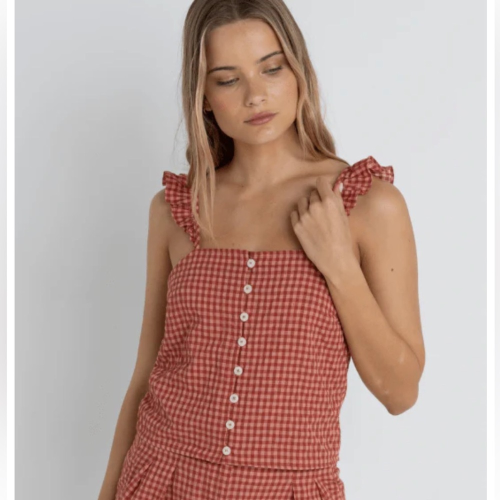 Rhythm. Red Gingham Button-Front Tie-Strap Camisole NWT